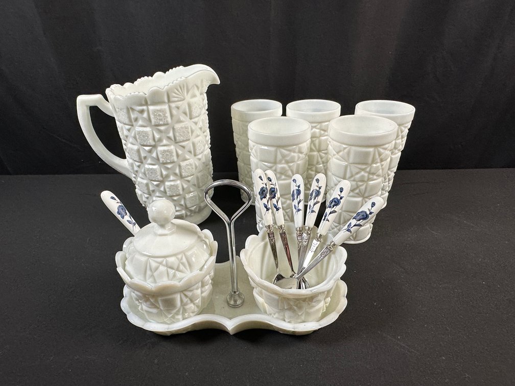 Milk Glass Drinkware and Condiment Caddy Set with Utensils