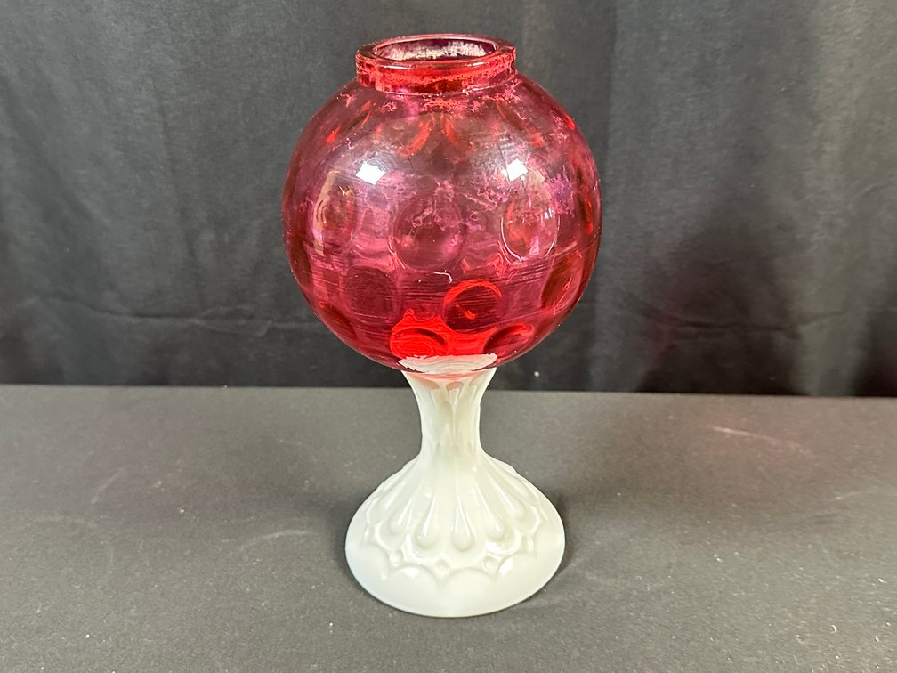 Cranberry Coin Dot Glass Vase with Milk Glass Base