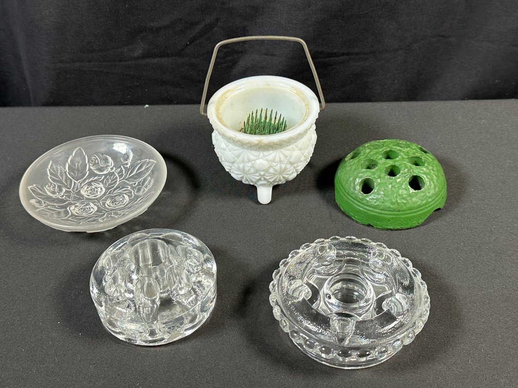 Glass and Ceramic Flower Frogs, Milk Glass Kettle, and Dish