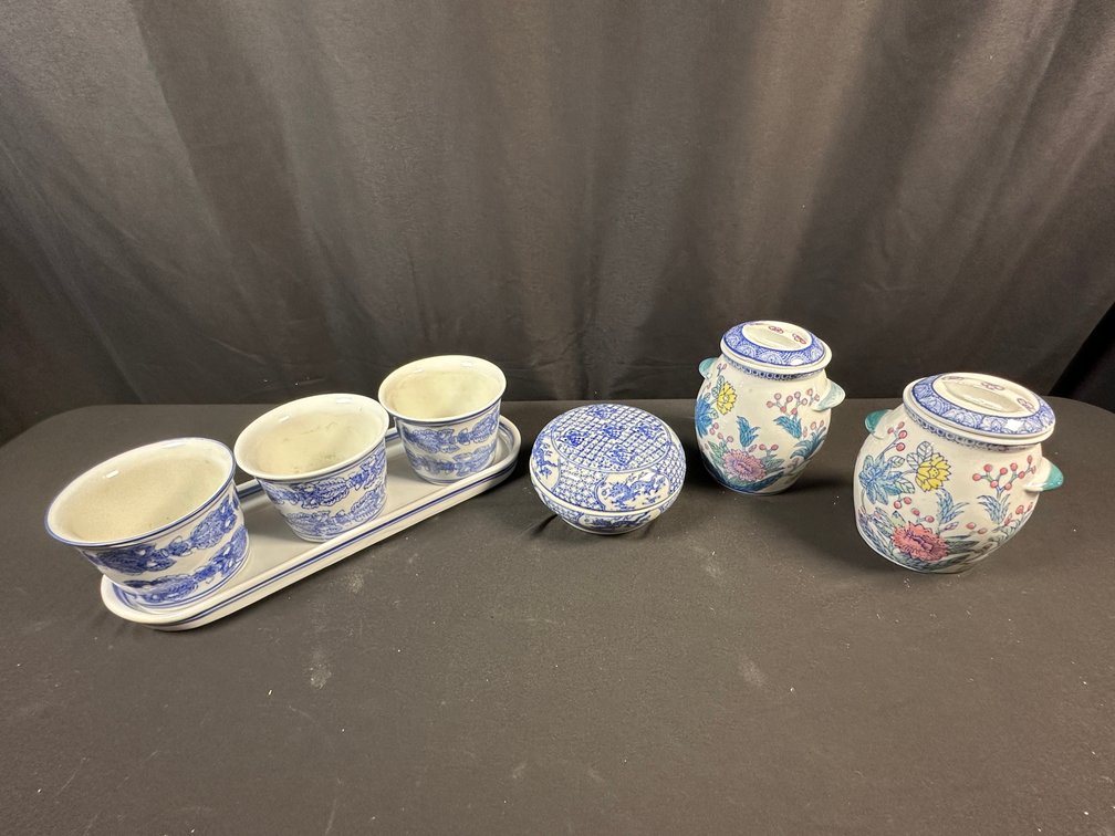 Ceramic Lidded Jars, Reticulated Ink Box, and Cups with Tray