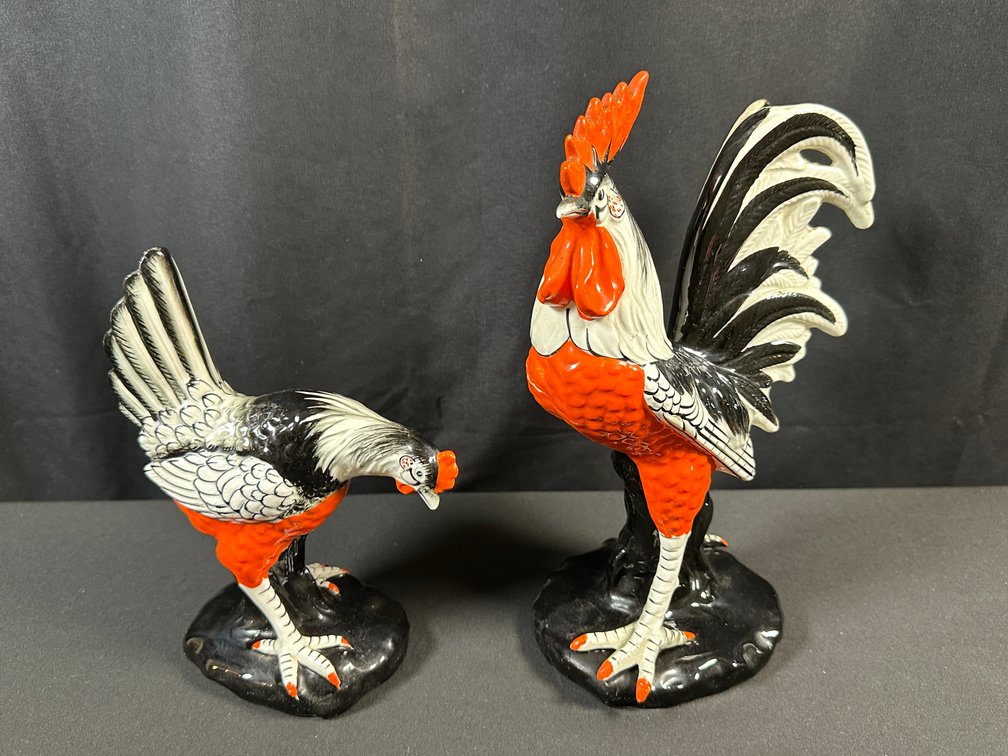 Pair of Glazed Ceramic Rooster and Hen Figurines