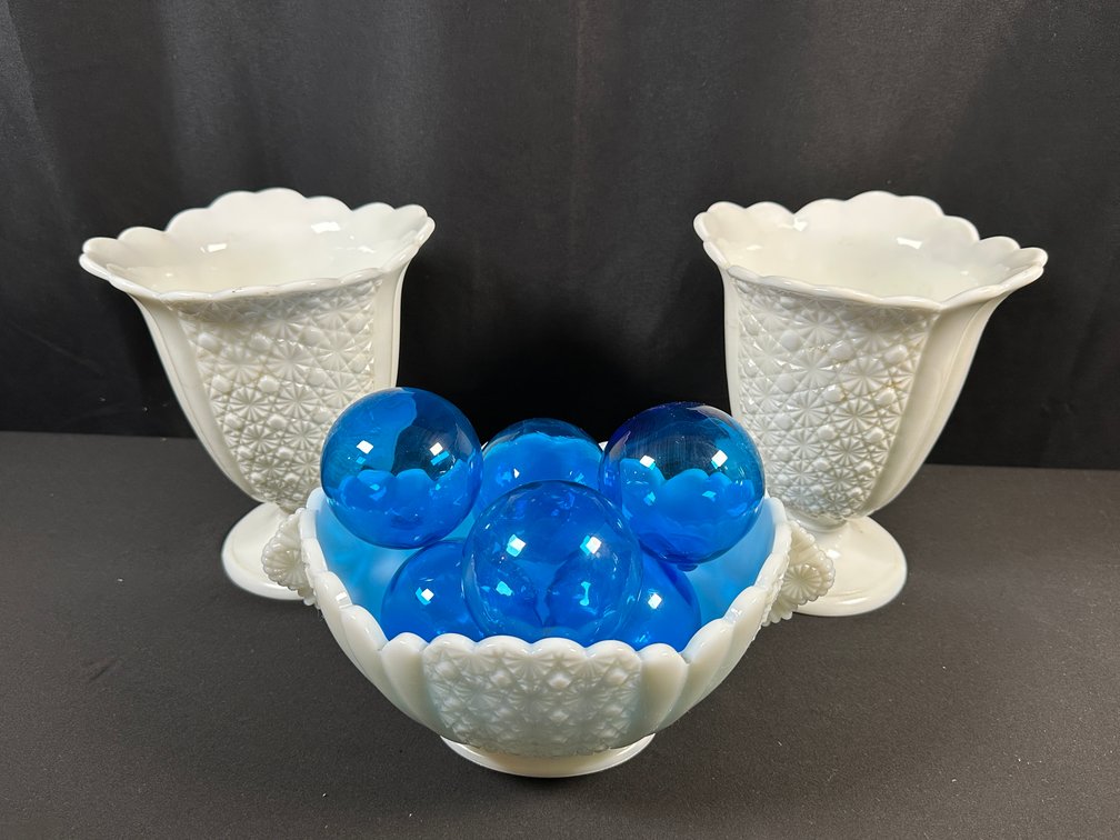Milk Glass Vases, Footed Bowl, and Blue Glass Spheres