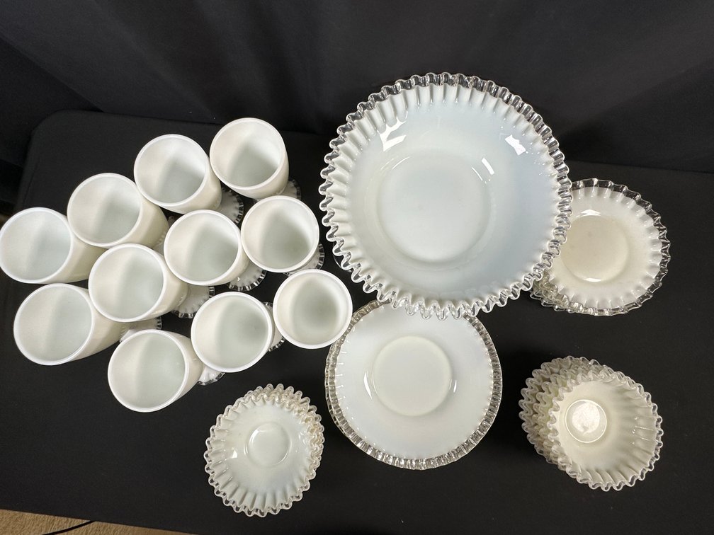 Milk Glass Tableware with Clear Ruffled Rims