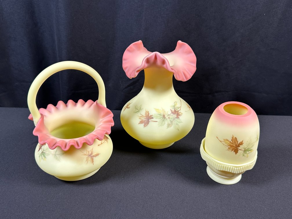 Fenton Burmese Glass Basket, Vase, and Fairy Lamp