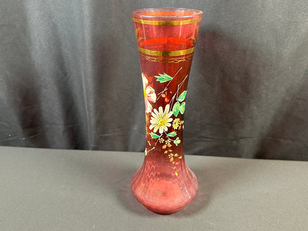 Ruby Red Glass Vase with Hand-Painted Floral Decoration
