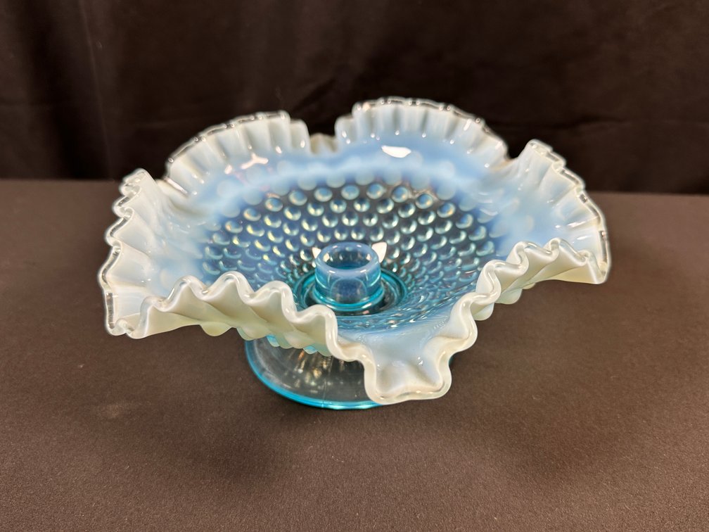 Blue Opalescent Hobnail Glass Footed Candle Bowl