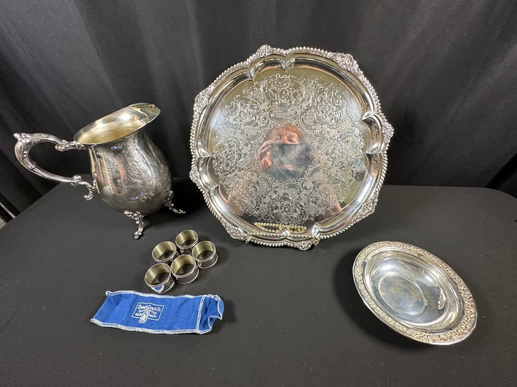 Silverplate Serving Tray, Pitcher, Dish, and Napkin Rings
