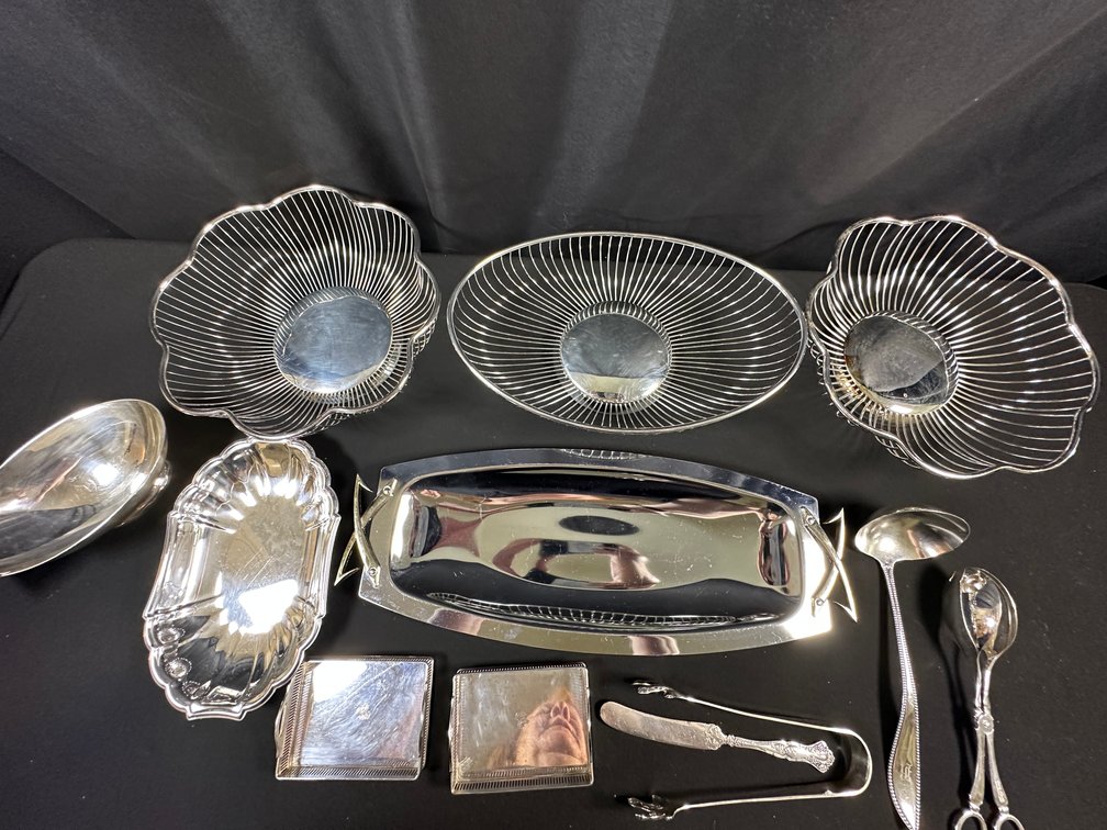 Silver-Plated Tableware, Trays, Wire Baskets, and Utensils
