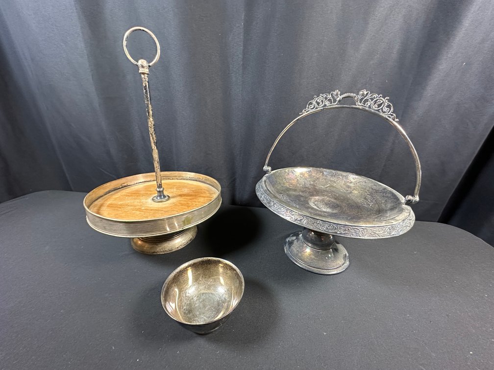 Silver-Tone Pedestal Basket, Tray, and Serving Dishes