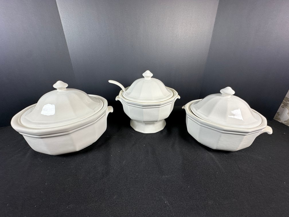 White Glazed Ceramic Faceted Tureens and Ladle