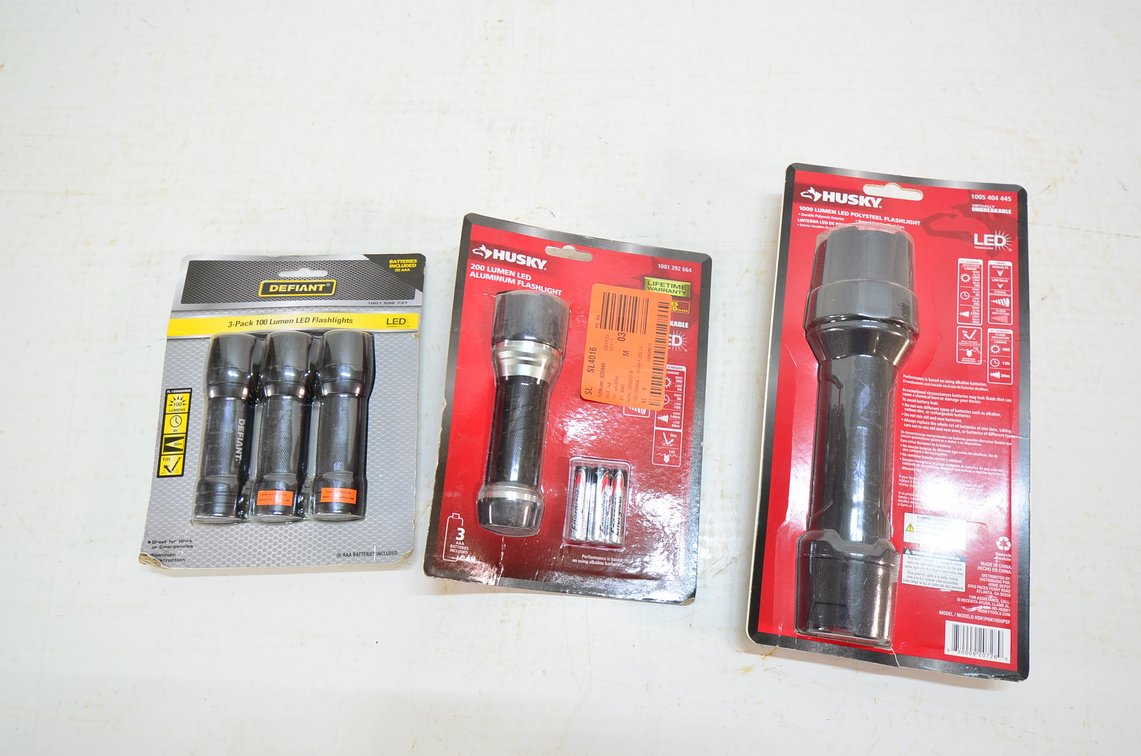 Husky 1000 Lumen LED, Husky 200 Lumen LED, 3-Pack Defiant 100 Lumen LED Flashlights