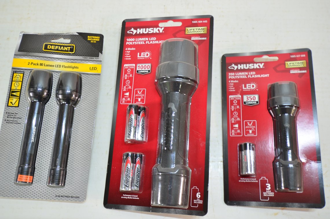 Husky 1000 Lumen LED, Husky 350 Lumen LED, 2-Pack Defiant 100 Lumen LED Flashlights