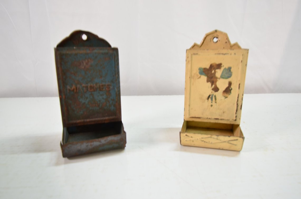 (2) Vintage Tin Metal Match Box Holder