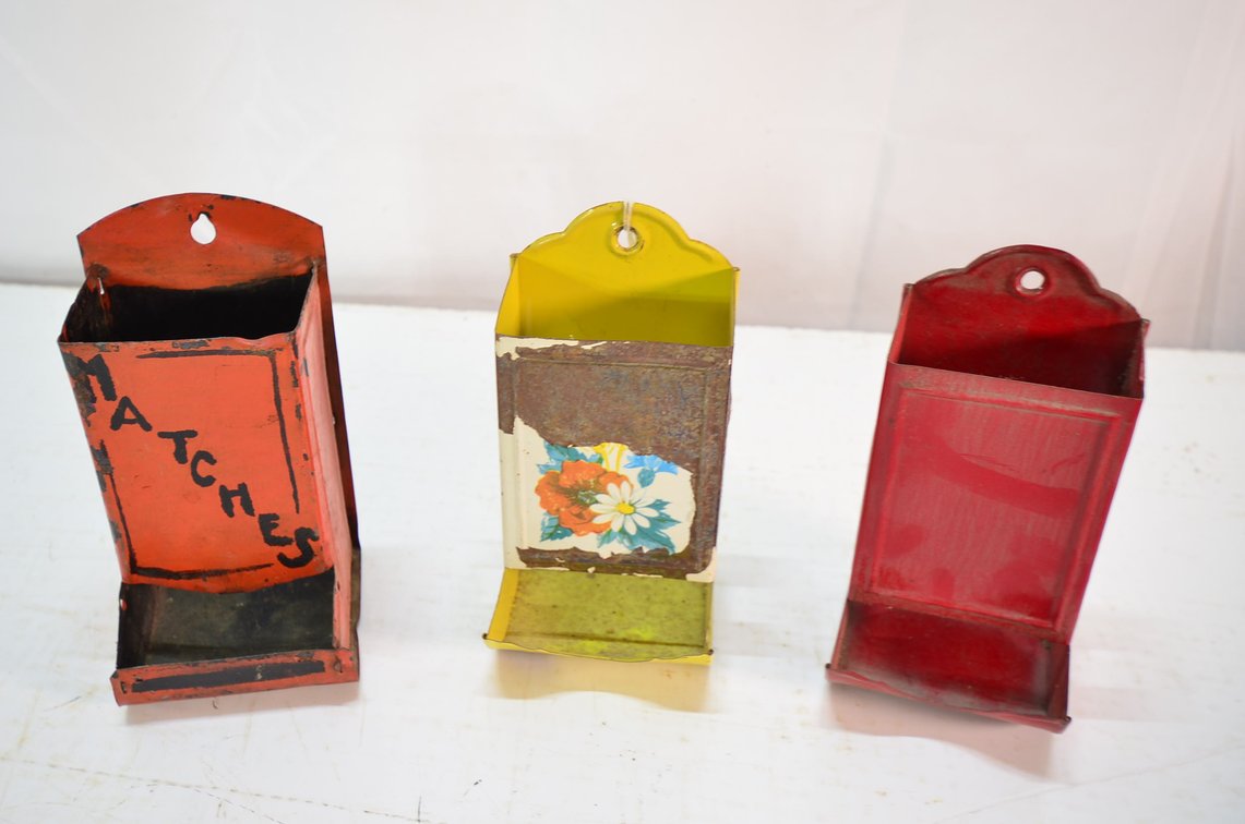 (3) Vintage Tin Metal Match Box Holder