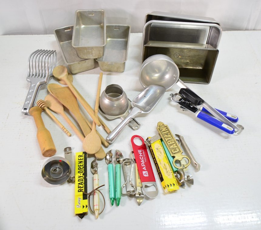 Wood Spoon, bread tins, Collection of Bottle Openers