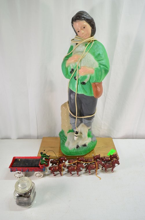 Vintage Cast Iron Beer Wagon with Barrels, Drivers and Dog
