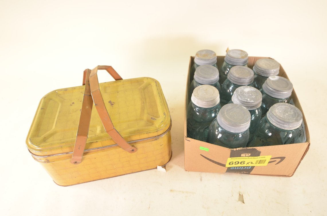 (10) Blue Canning Jars, Metal Picnic Basket
