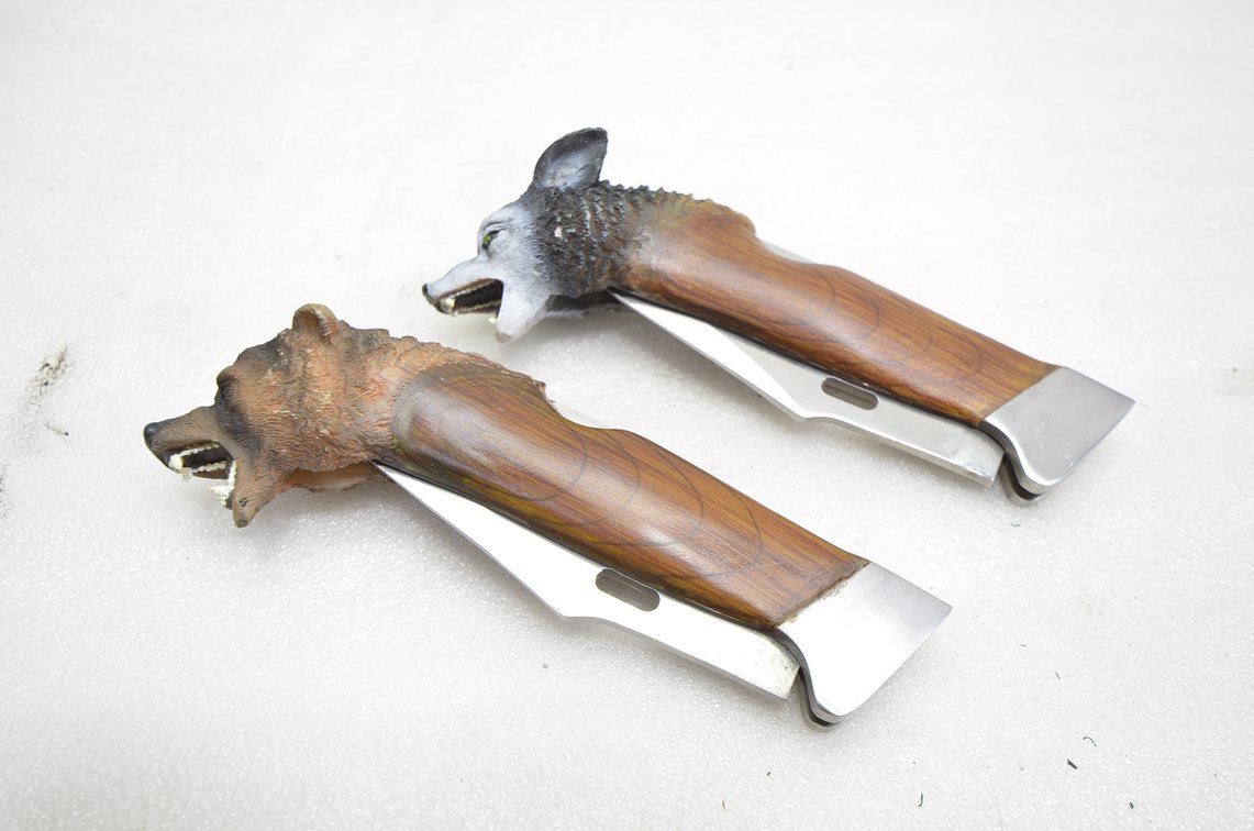 (2) Folding Knives, Bear And Wolf