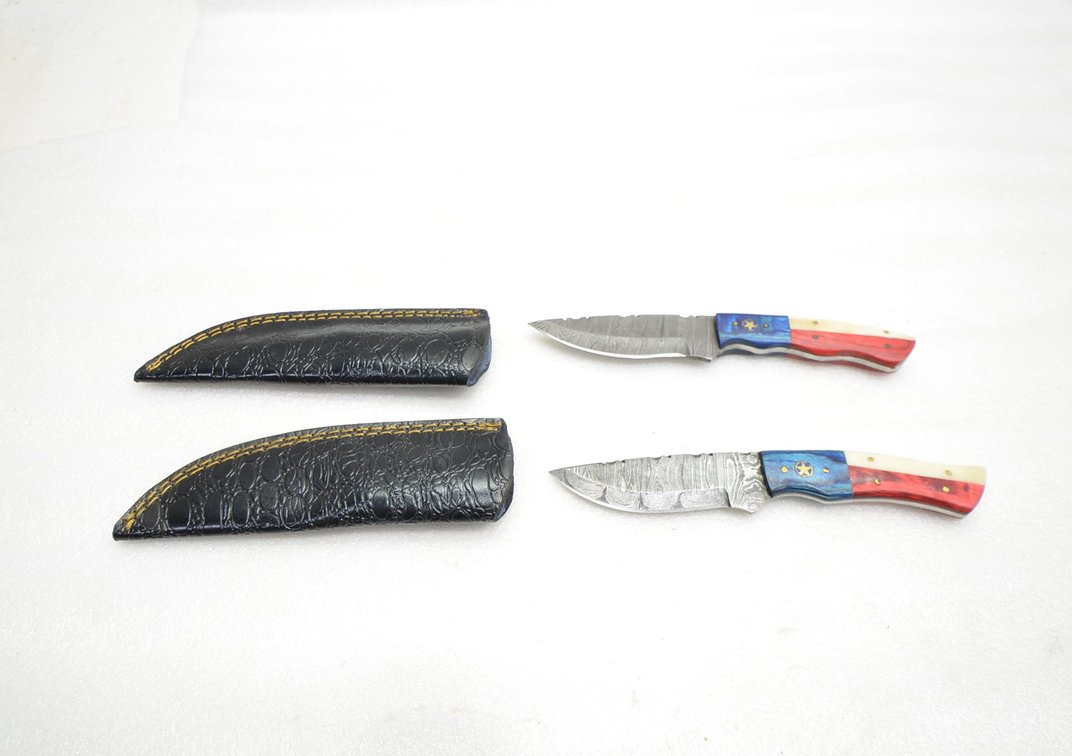 (2) Damascus Steel Hunting Knife, Red White And Blue