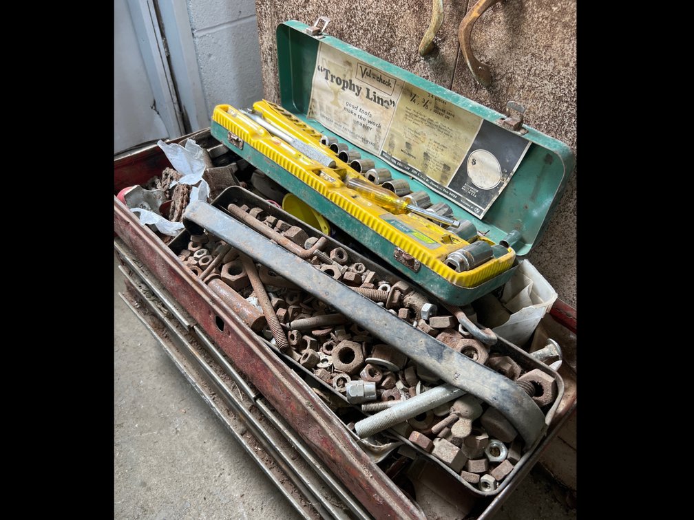 Old Toolbox with Nuts and Misc. Sockets
