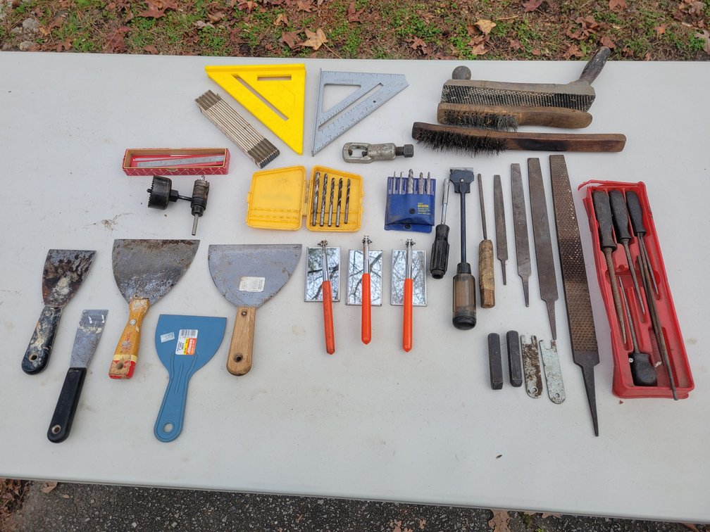 Squares, Files, Drill Bits, Mechanic Mirrors, Wire Brushes, Spackles, Antique Folding Measuring Tape, Screw Extractors
