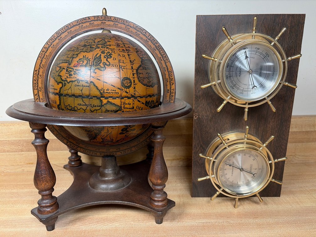 Small Wooden Globe and Nautical Thermometer and Humidity Gauge