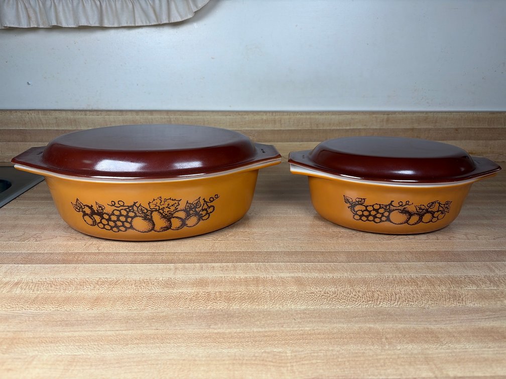 Pair of PYREX "Old Orchard" Casserole Dishes