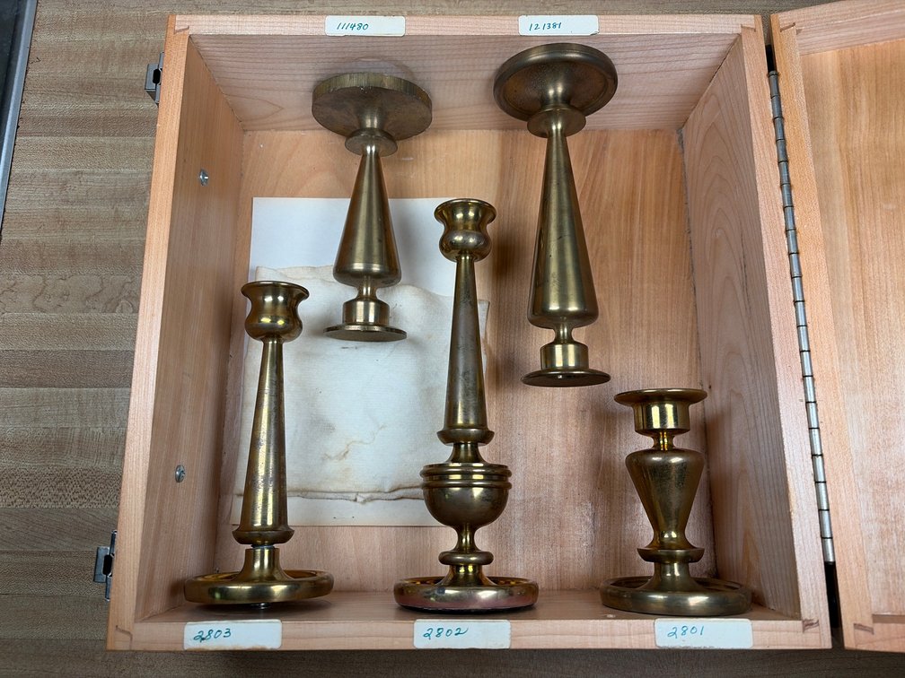 5 Solid Brass Candlestick Holders in a Traveling Salesmans Box