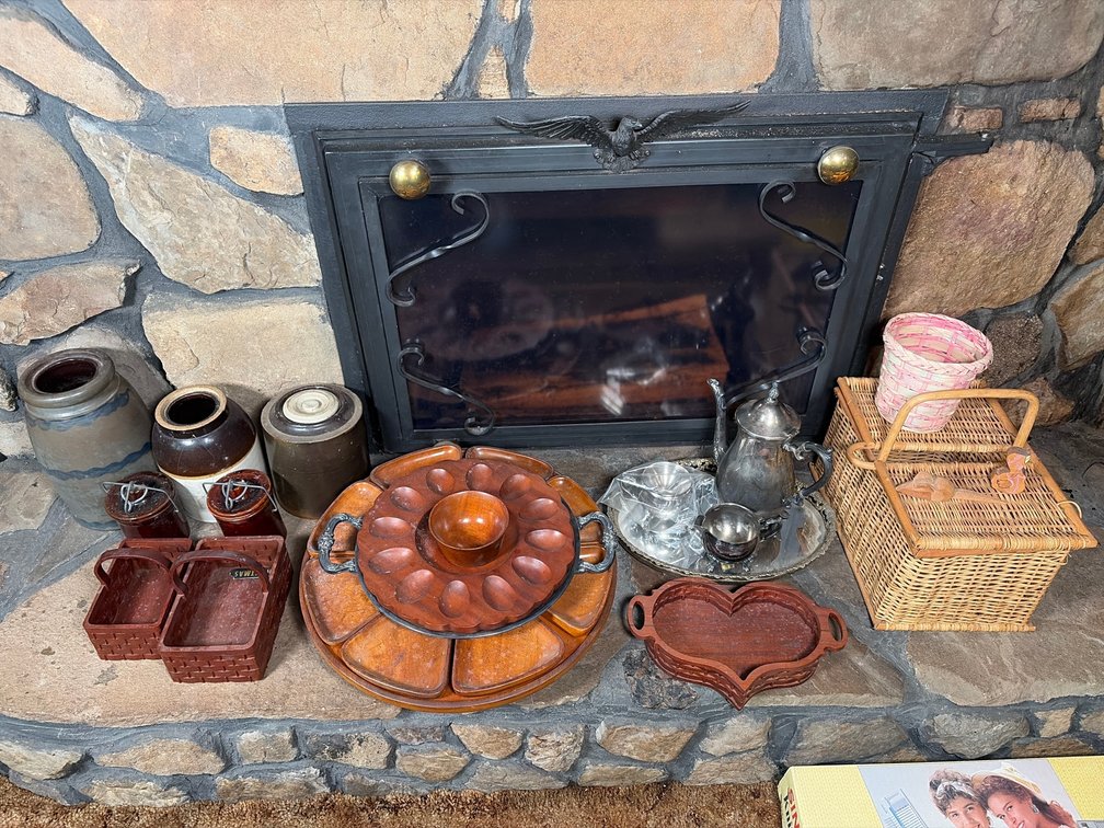 Small Crocks, Baskets, Pewter Tea Set, Etc.