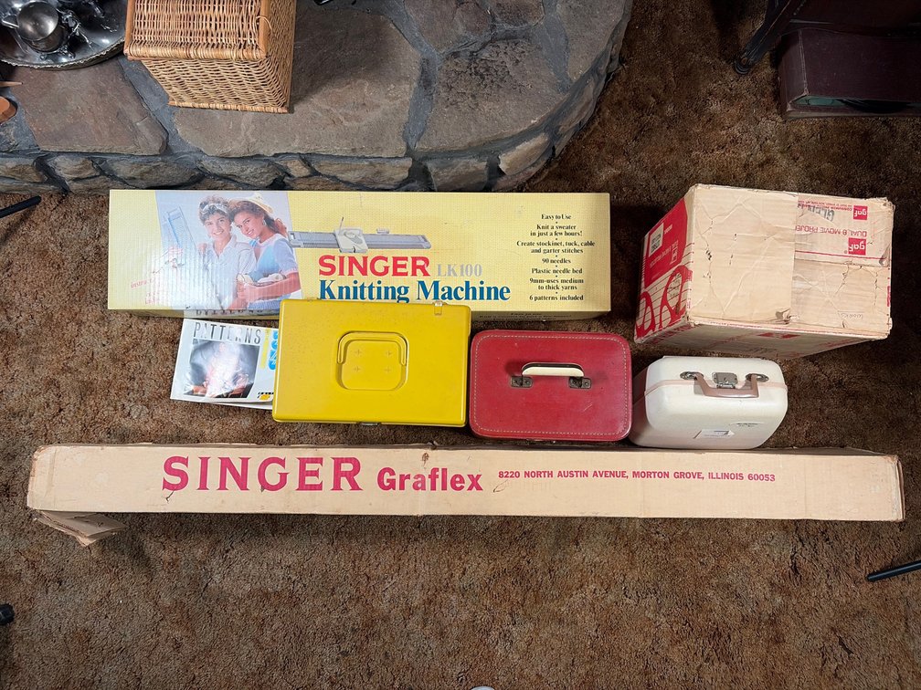 Movie Projector, Projector Screen, Antique Hairdryer, and Singer Items