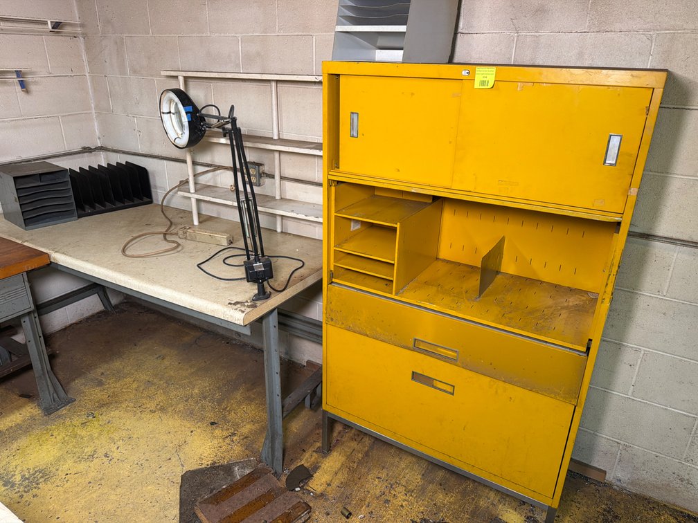 6 metal frame shop work tables & Cabinets