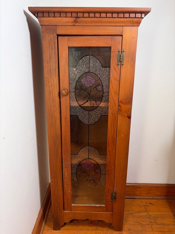 Wooden Display Cabinet w/ Floral Glass Front