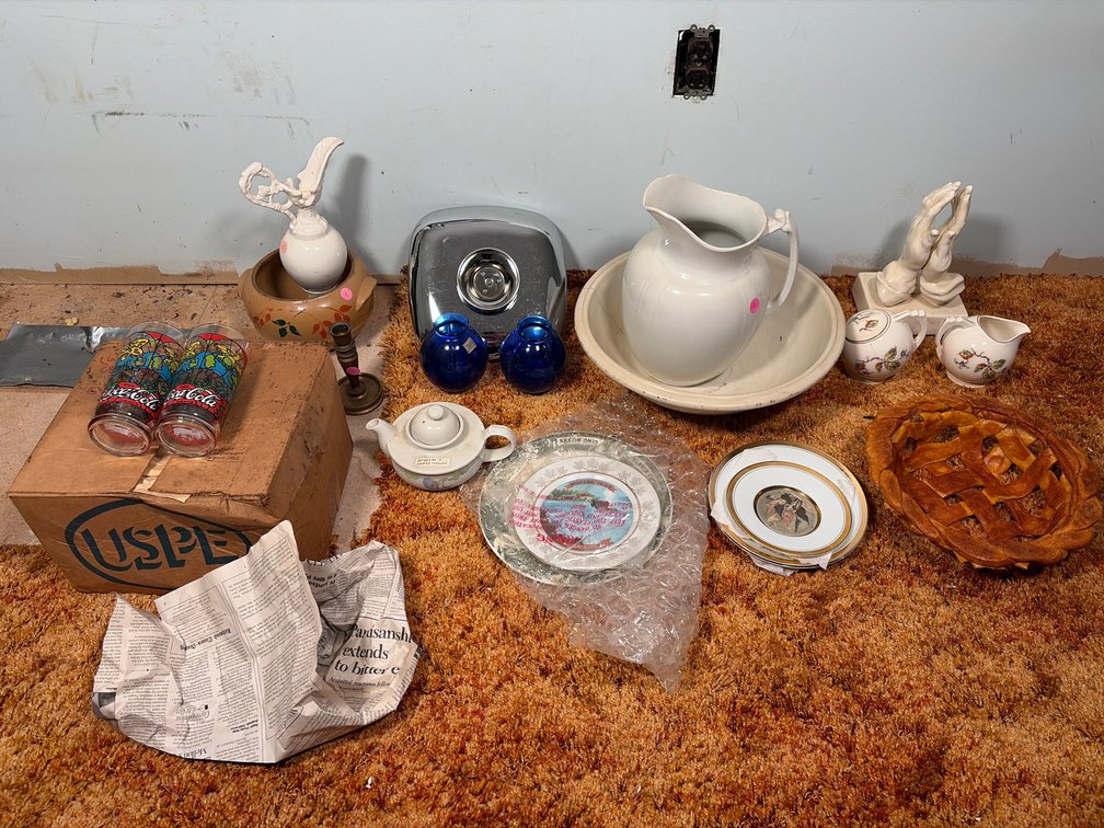 Coca Cola Glasses, Wash Pitcher, Plates, Praying Hands
