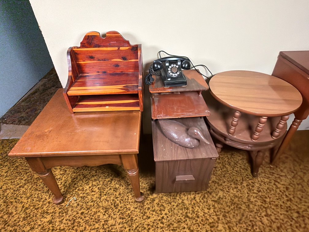 3 Different Wooden End Tables and Wooden Display Shelf