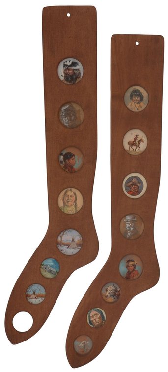 Pair of Wooden Stocking Stretchers with Miniature Western Paintings