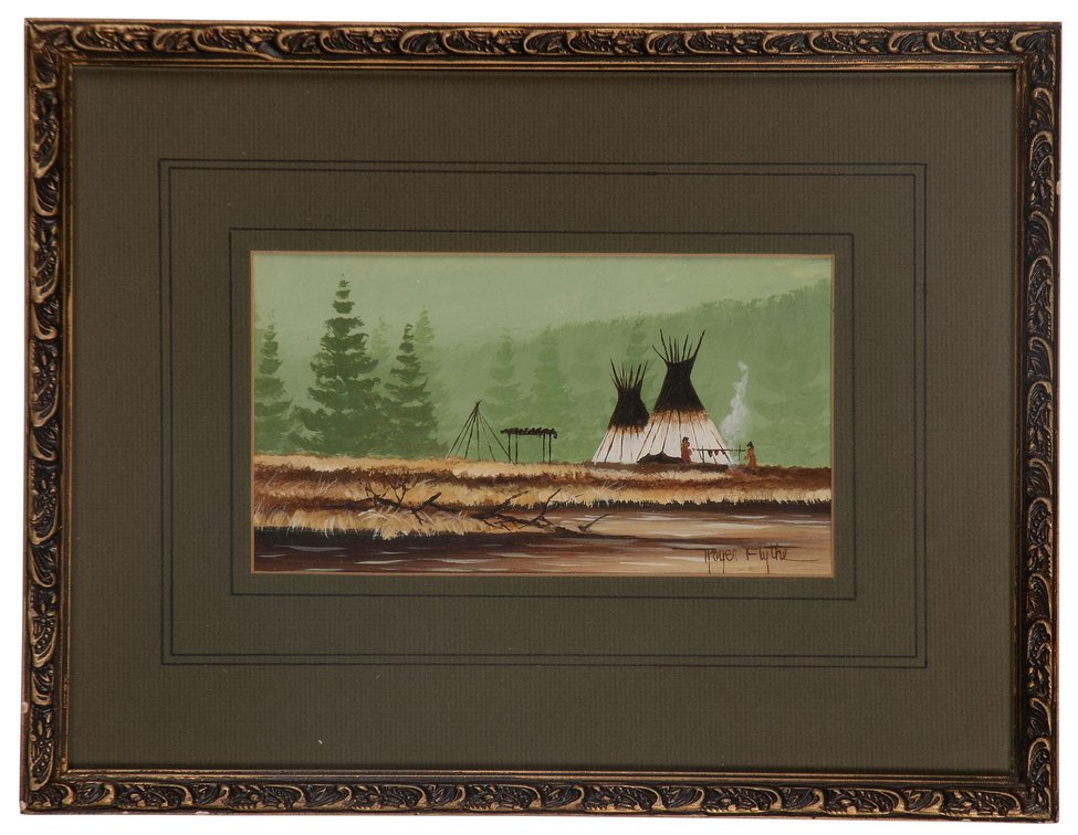 Roger Flythe Acrylic Oil of Indian Camp Scene