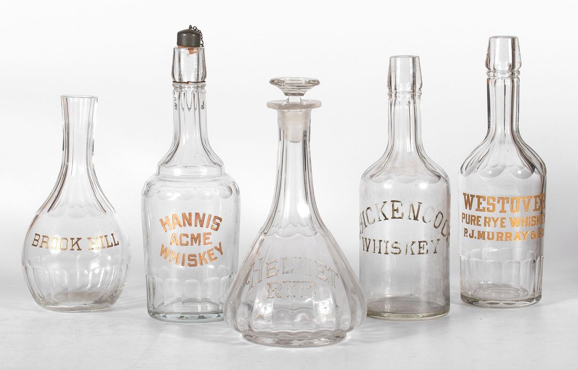Etched Glass Gold Lettering Saloon Back Bar Bottles