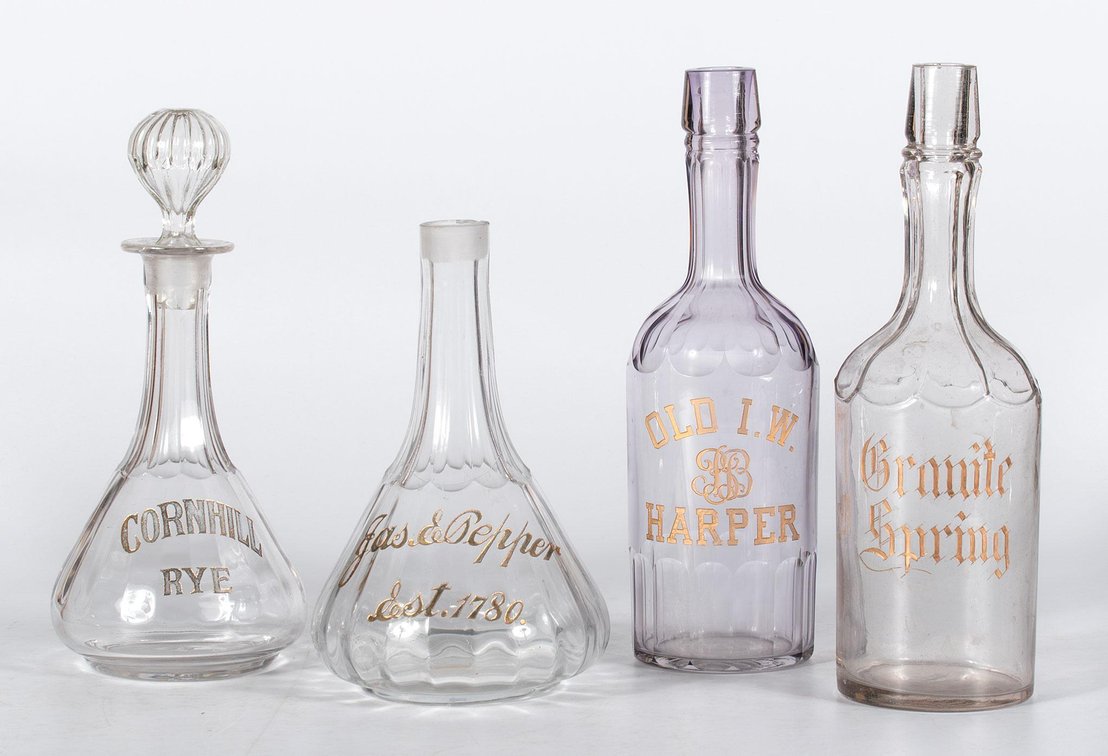 Etched Glass Gold Lettering Saloon Back Bar Bottles