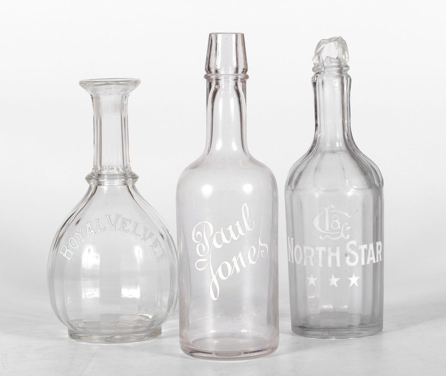 Three Enameled Saloon Back Bar Bottles