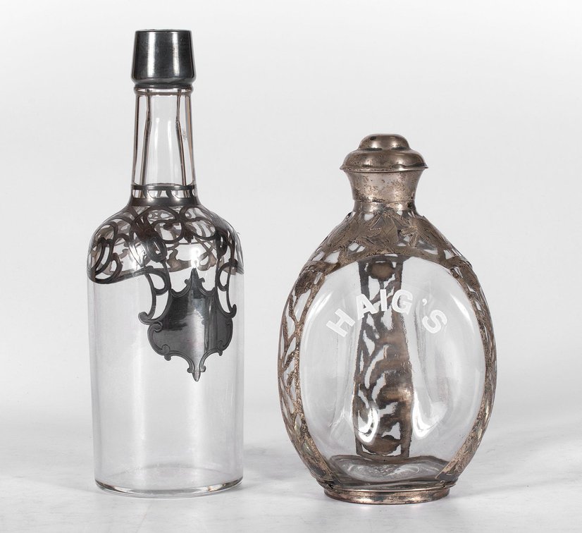 Two Silver Overlaid Saloon Back Bar Bottles