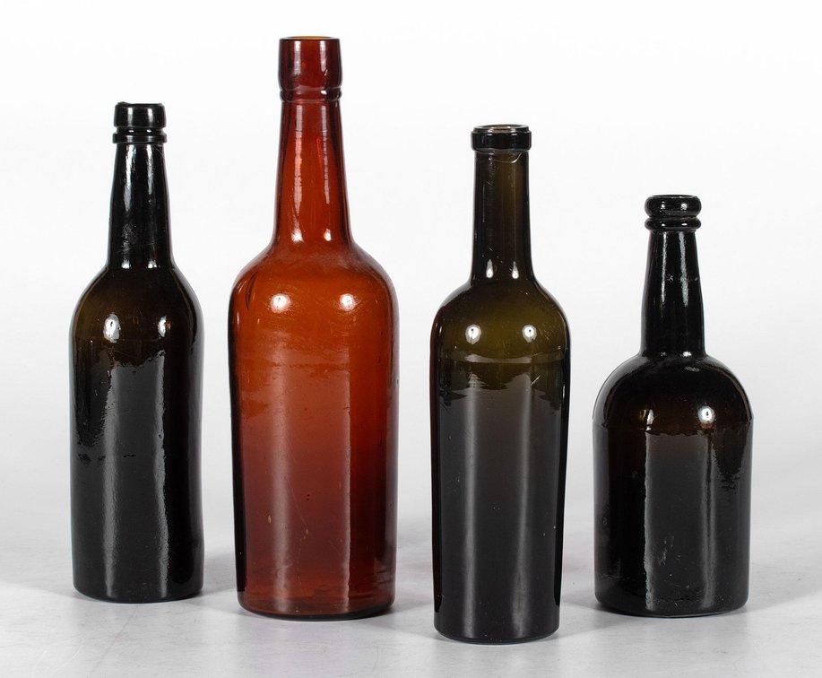 Early Seemless Amber and Black Glass Bottles