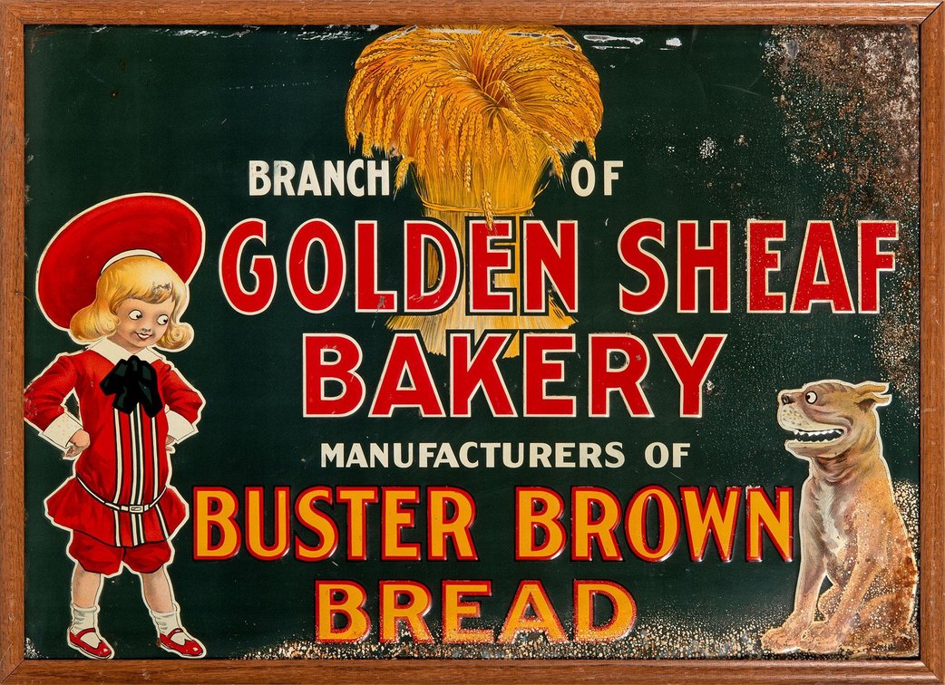 Original Buster Brown Bread Tin Advertisement Sign