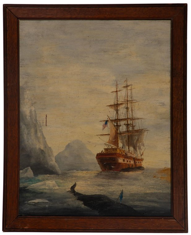 Charles M. Morgan Whaling Ship Oil on Board Whaling Scene