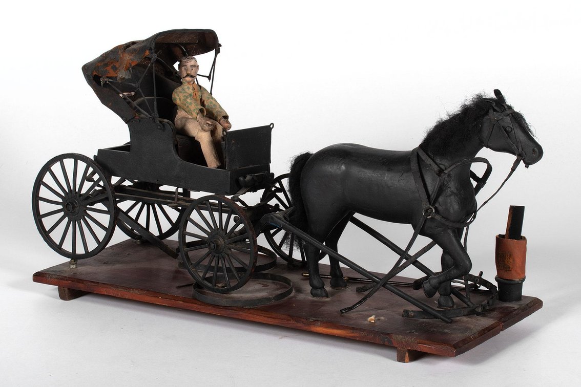 Folk Art Carved and Painted Wooden Horse and Wagon