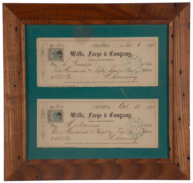Two Wells Fargo and Company San Francisco Checks from 1875