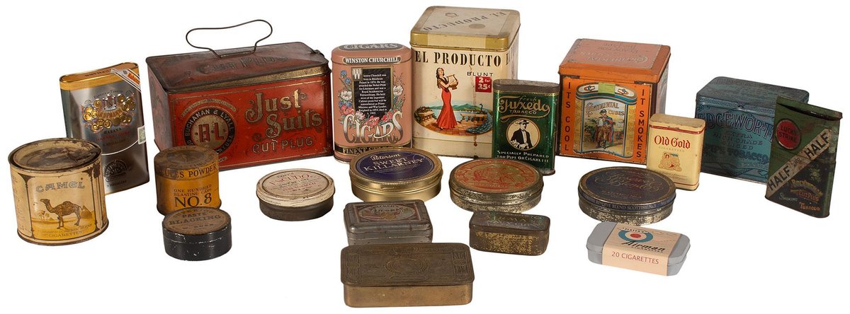 Grouping of Early Tobacco Tin Advertisement Cans