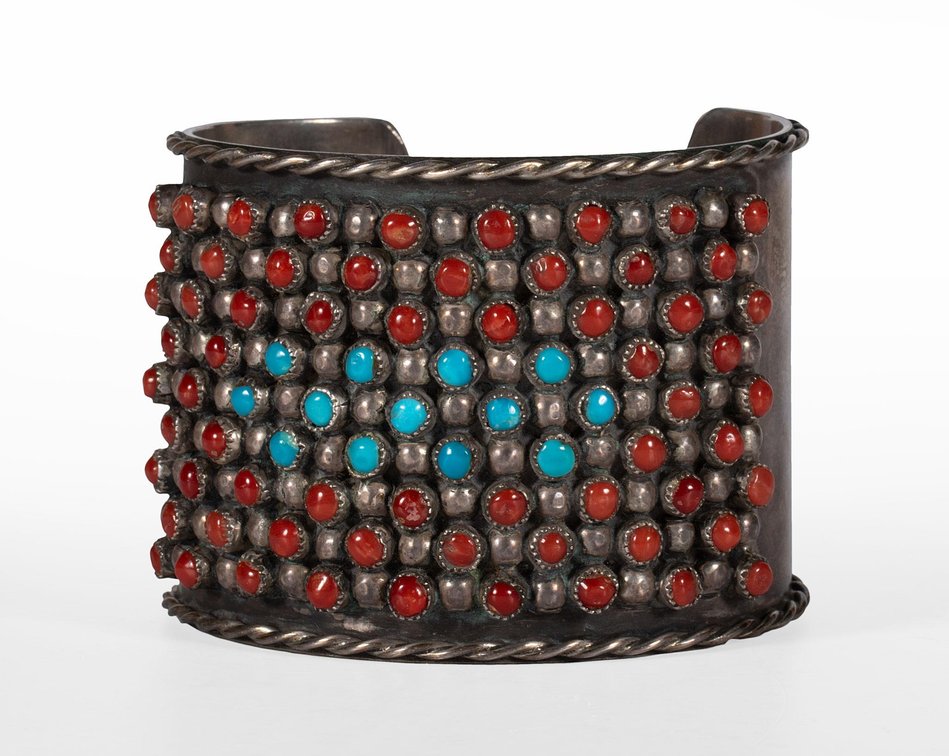Vintage Navajo Silver Turquoise and Coral Cuff Bracelet