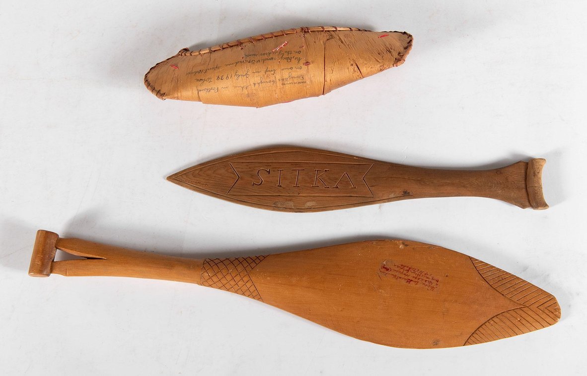 Native American Birchwood Canoe and Paddles