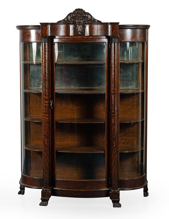 Late Victorian Triple Bow Oak Curio Cabinet