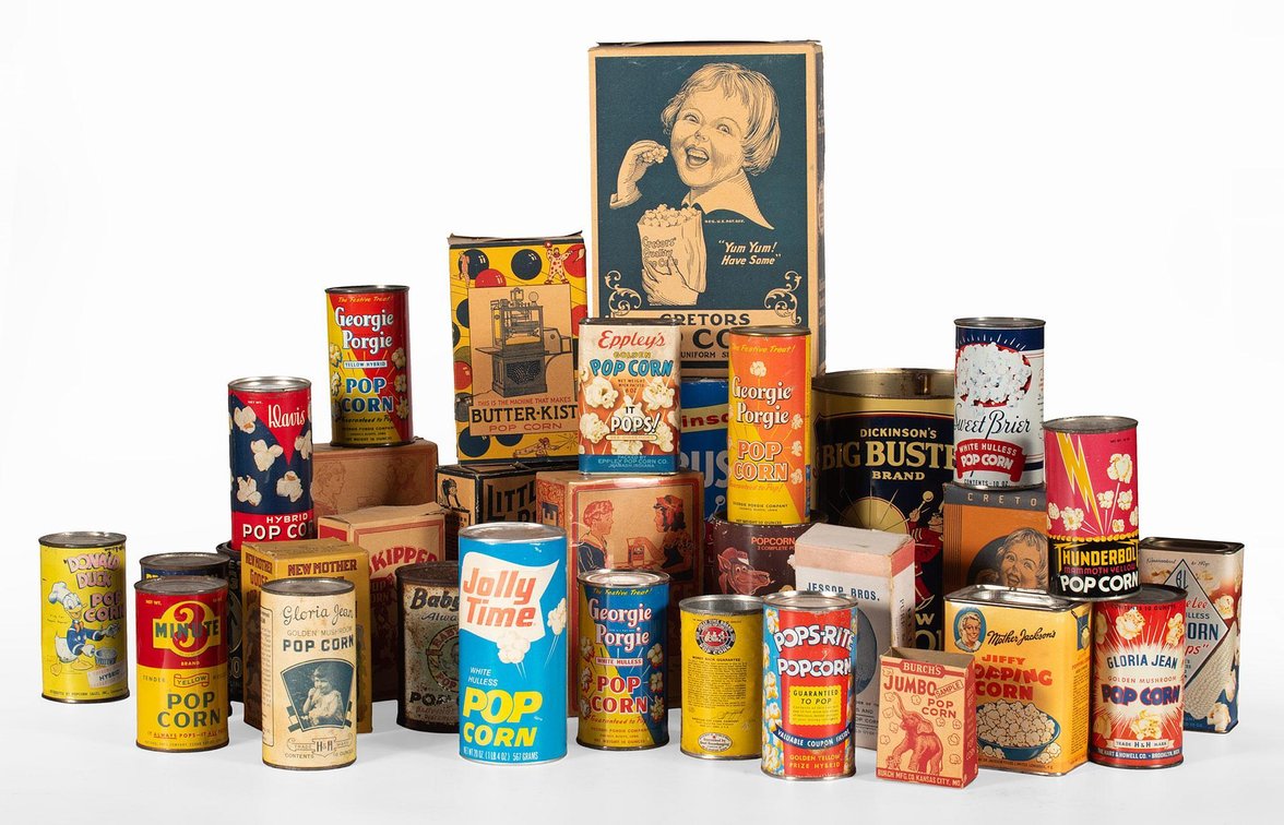 Grouping of Antique Popcorn Advertisement Cans and Boxes